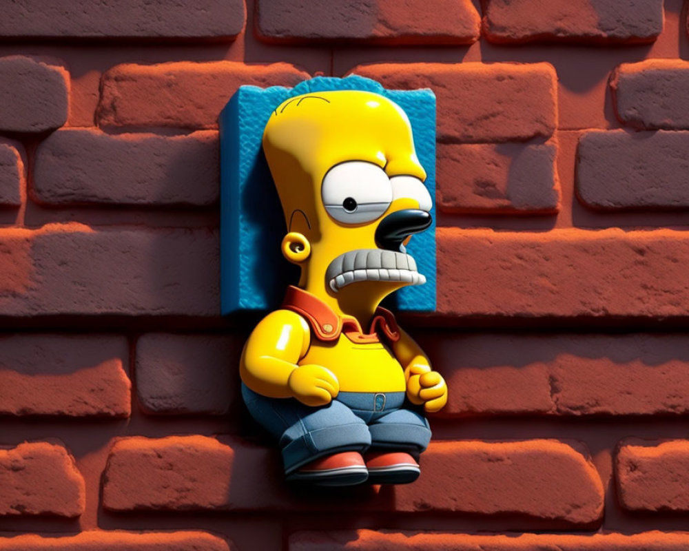 Illustration of Bart Simpson's head on brick wall in 3D art