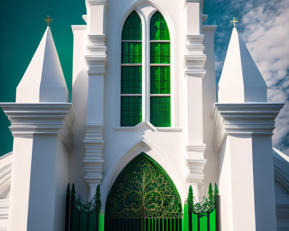 White Church with Green Accents and Ornate Gate under Blue Sky