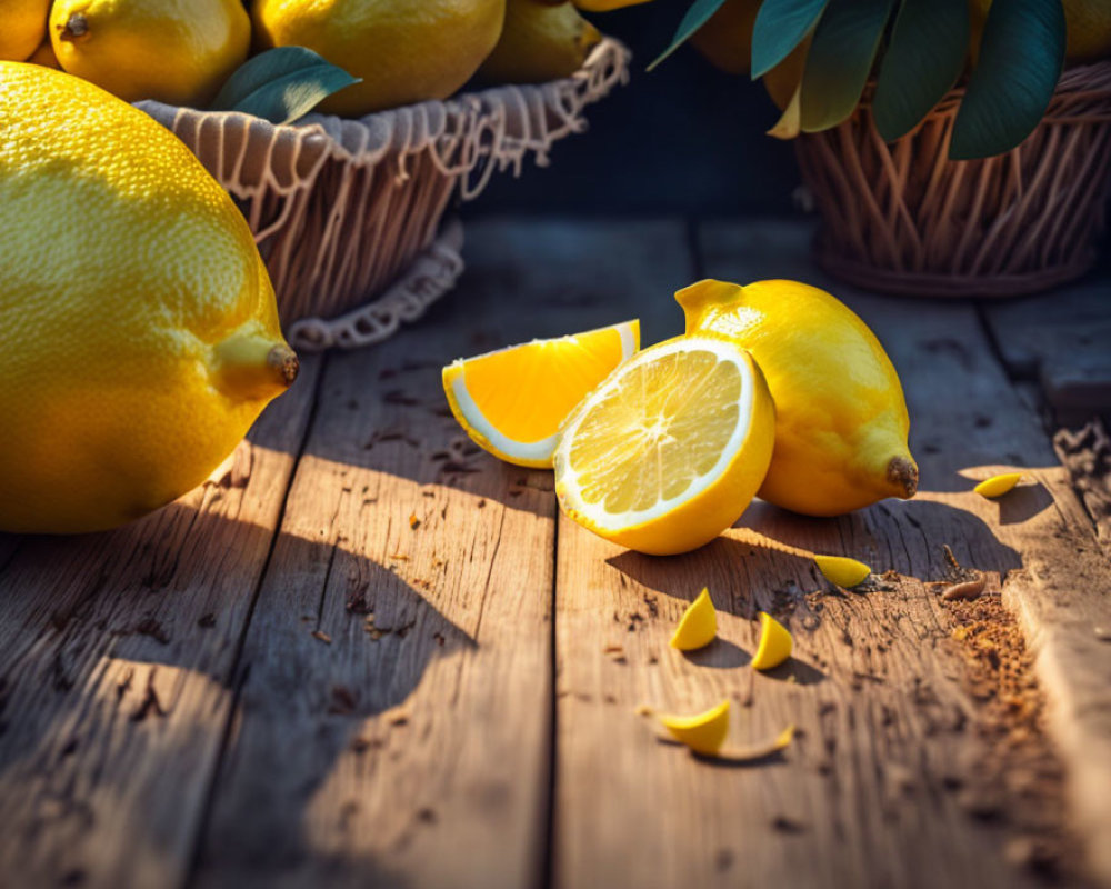 Rustic wooden table with fresh sliced lemons in sunlight