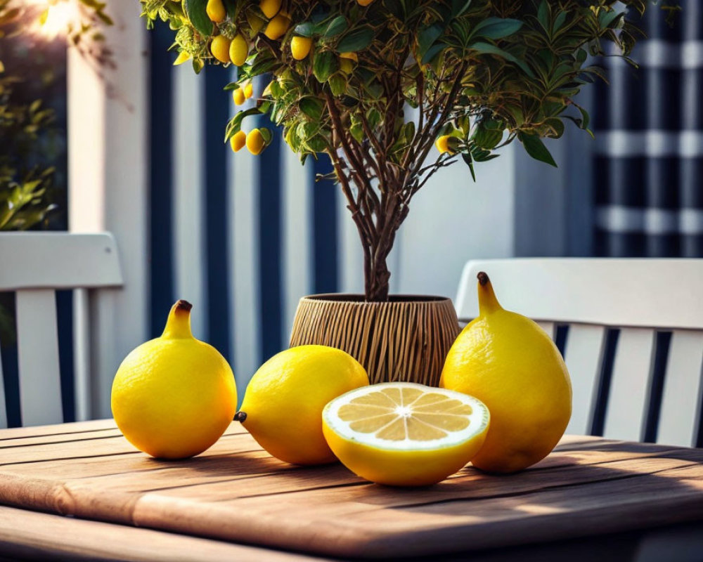 Potted lemon tree with ripe lemons on table, striped backdrop