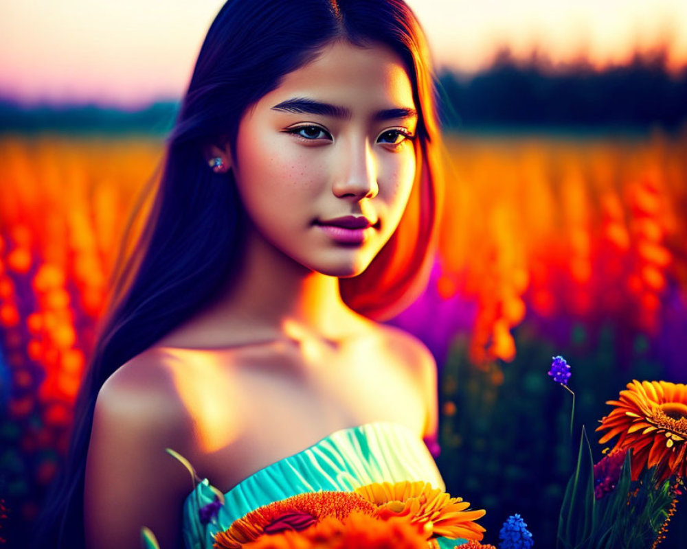 Woman with long hair in vibrant flower field at sunset