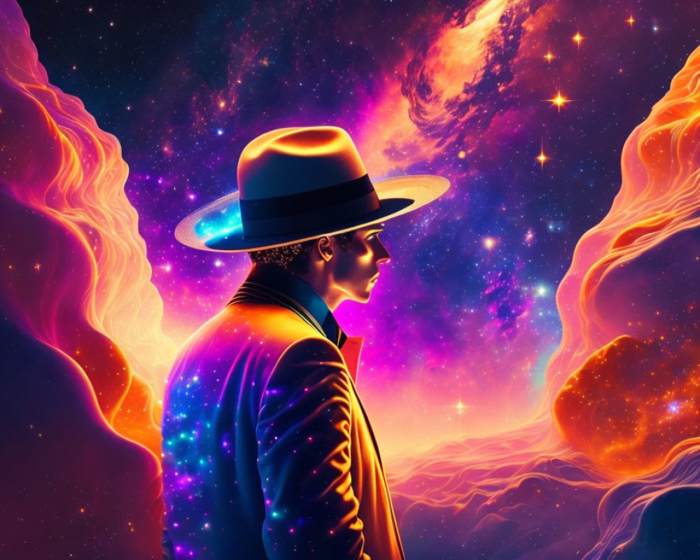 Cosmic scene blending into silhouette with vibrant nebulae