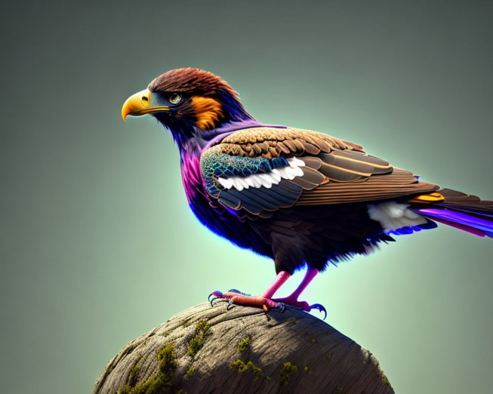 Colorful stylized bird with vibrant plumage on rock in soft green background