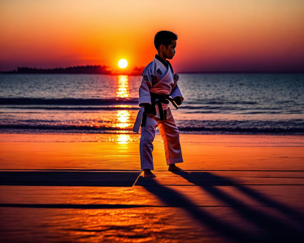 Child in Taekwondo Uniform Silhouetted on Beach at Sunset