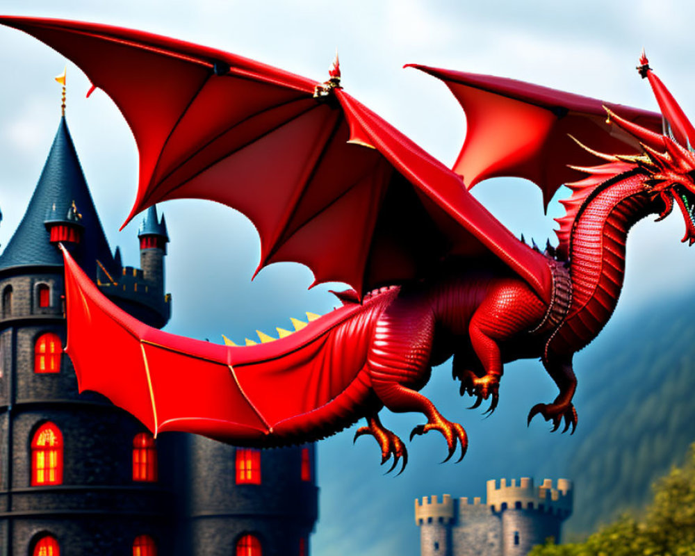 Red dragon flying near dark castle and misty mountains