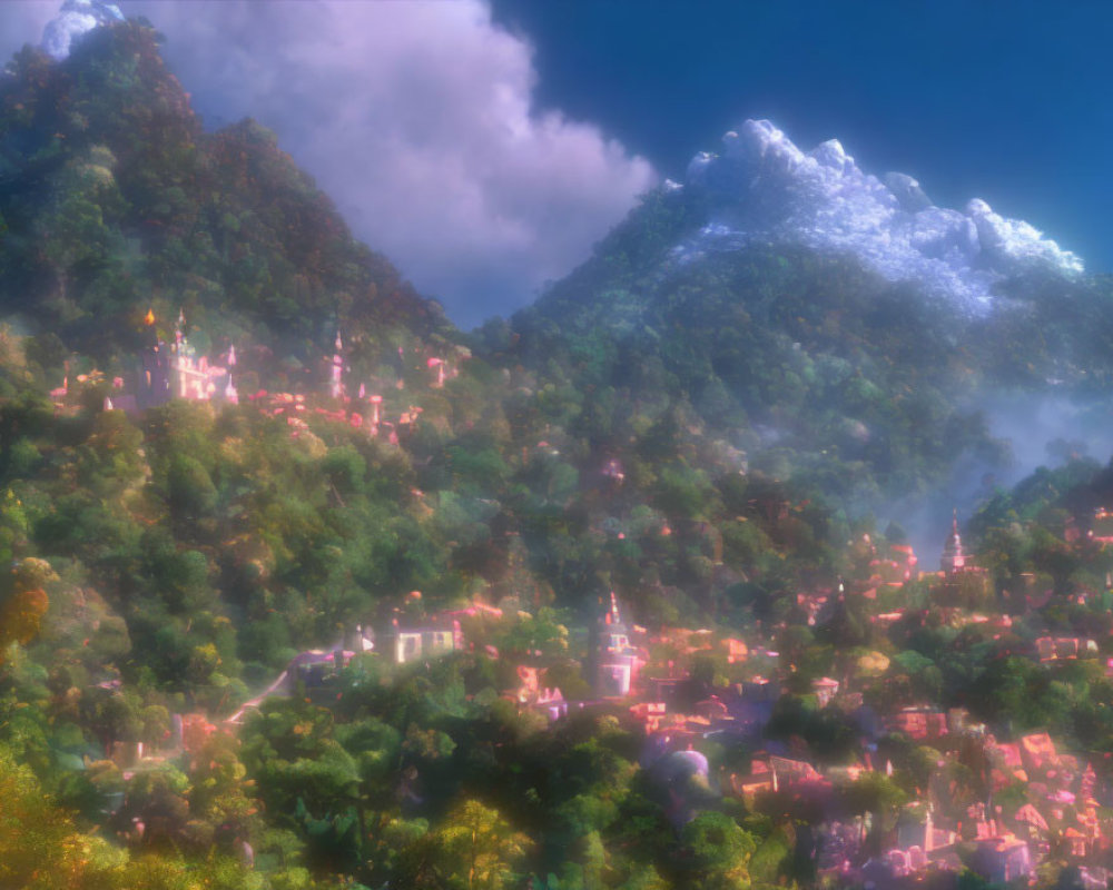 Charming fantasy village nestled in lush greenery with snowy mountain castle