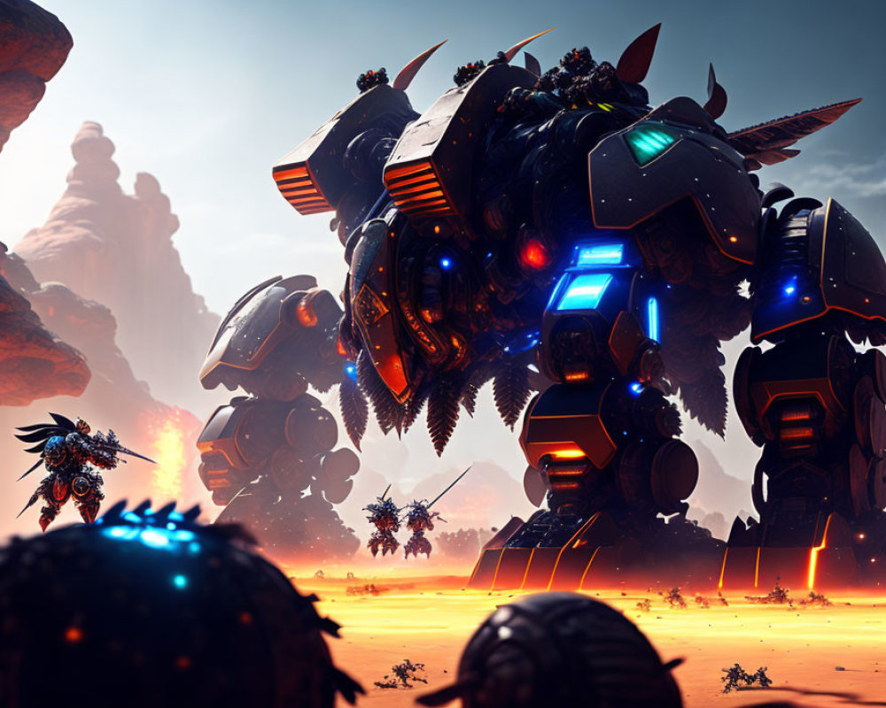 Sci-fi desert landscape with robotic creatures under red sky