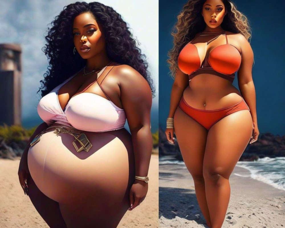 Collage of Woman in Peach Bikini on Beach & Close-Up Shot