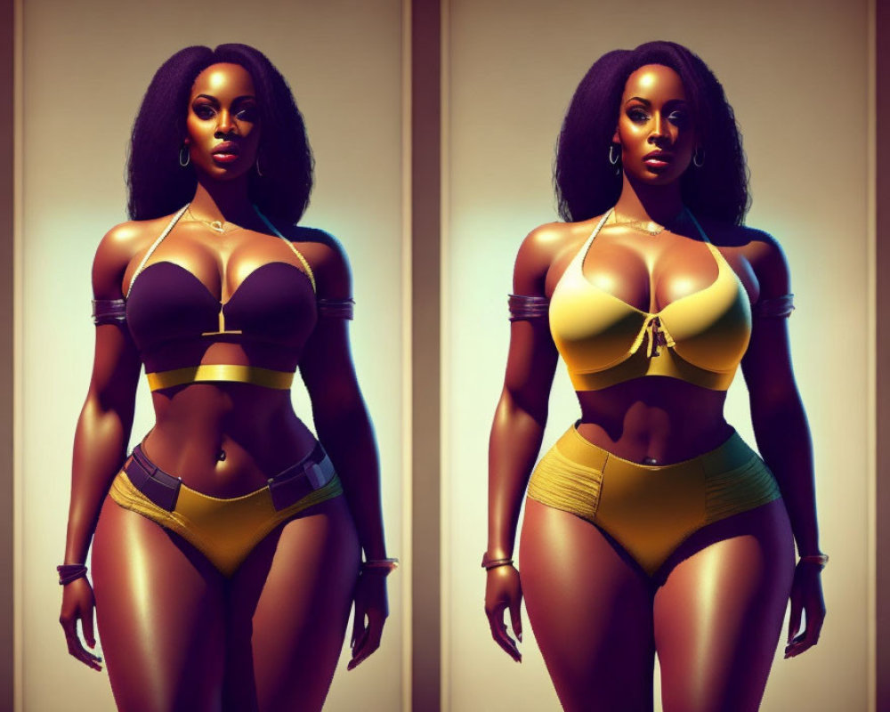 Stylized woman in purple and yellow swimsuit on warm backdrop