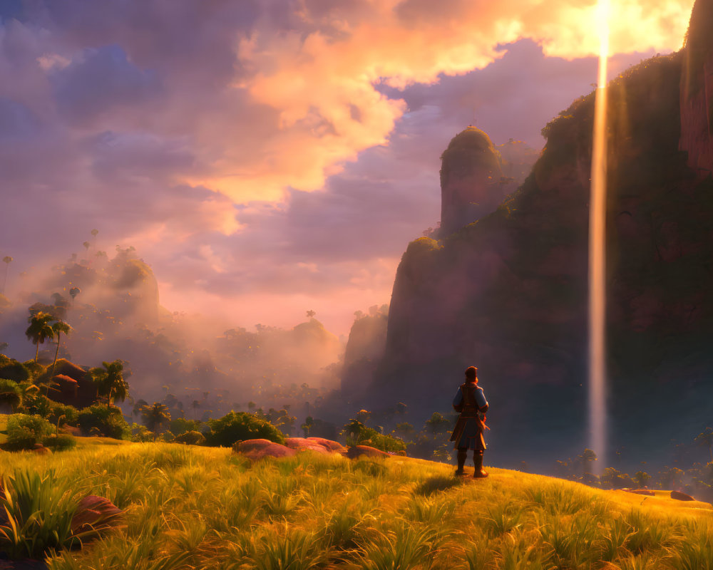 Figure in Vibrant Sunset Landscape with Sunbeams