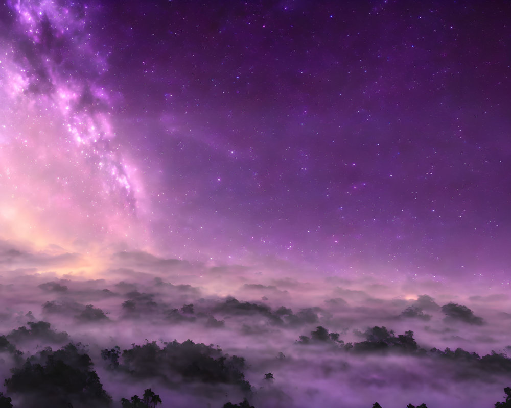 Purple Starry Night Sky Over Misty Forest Landscape