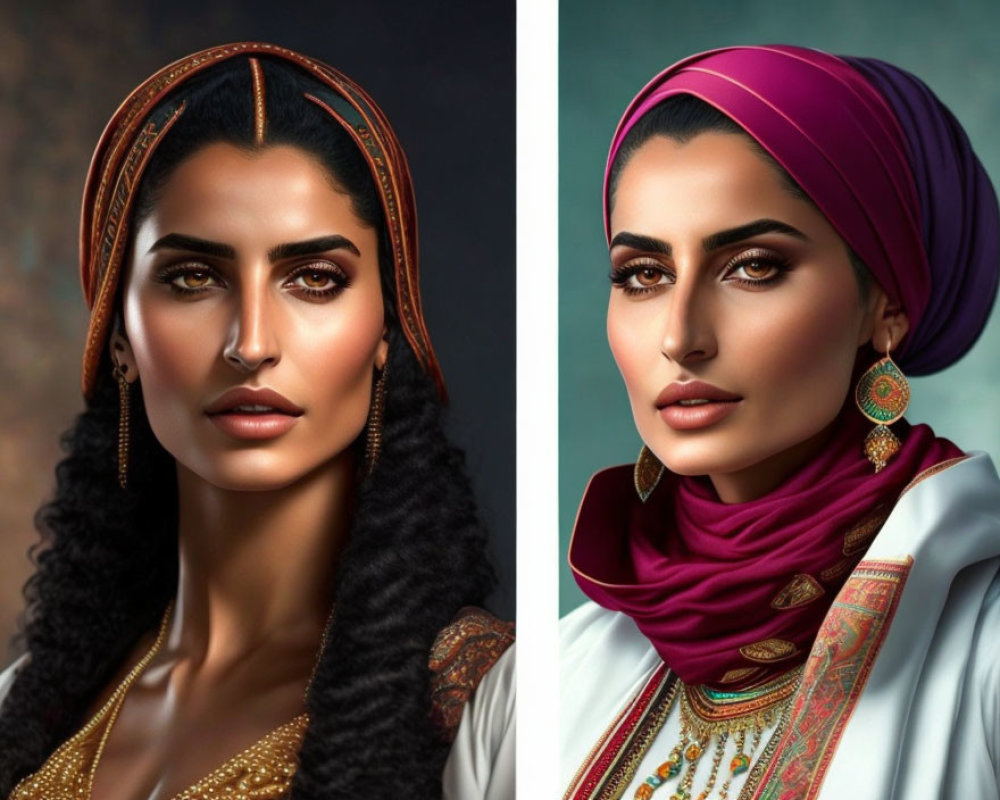 Portraits of women with striking features and elegant headscarves.