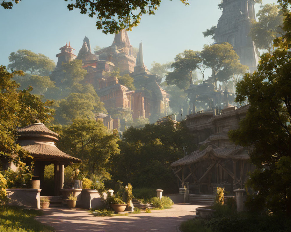 Serene cobblestone pathway through lush gardens to ornate castle