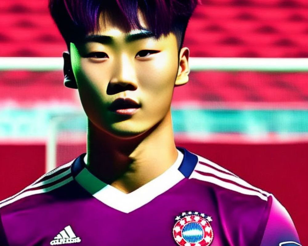 Stylish young Asian man in purple soccer jersey on red background