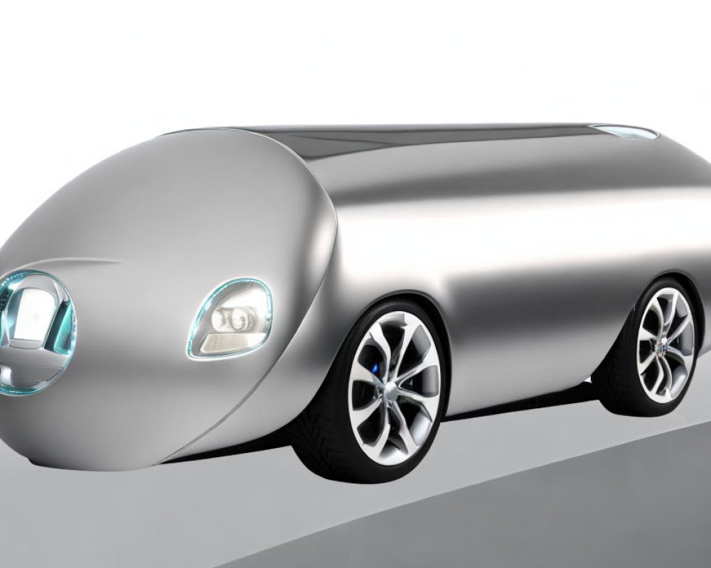 Sleek Silver Capsule Car with Large Headlights and Alloy Wheels