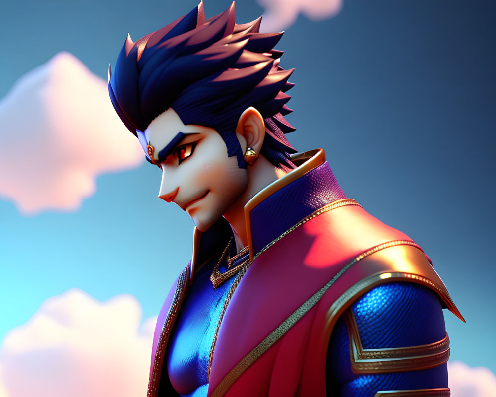 Stylized Male Character with Blue Hair and Armor on Blue Gradient Background