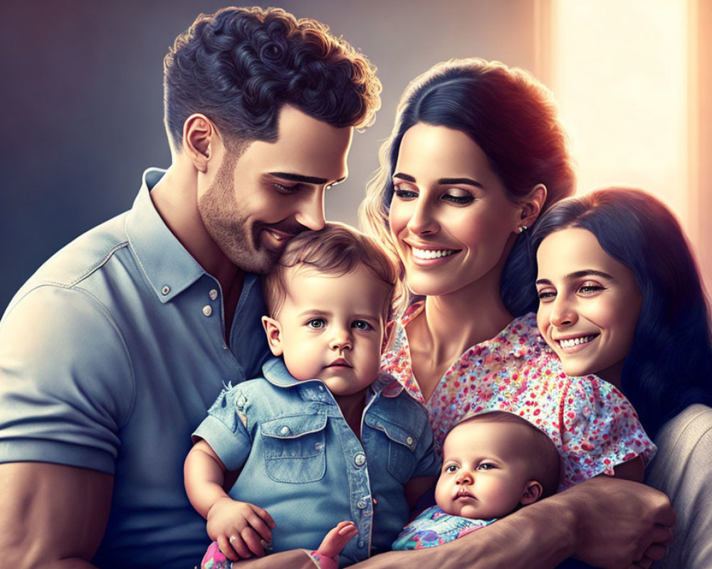 Happy family of four in warm light, parents holding children