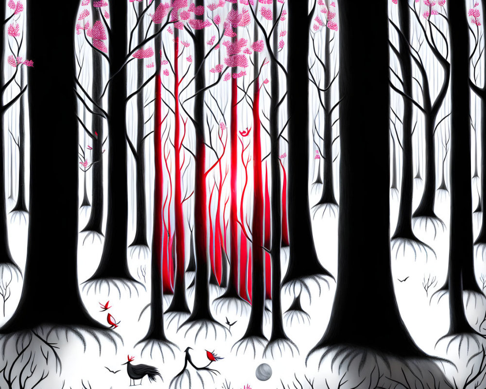 Monochrome forest with black trees, red trunks, pink leaves, and bird figures