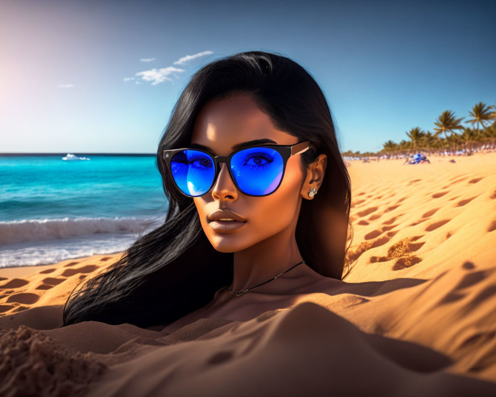 Woman in Blue Sunglasses on Sandy Beach with Palm Trees and Ocean
