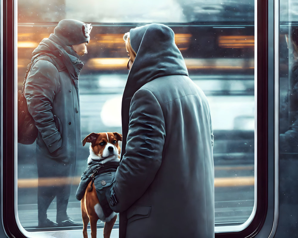 People in winter clothes chat by train as person with dog watches