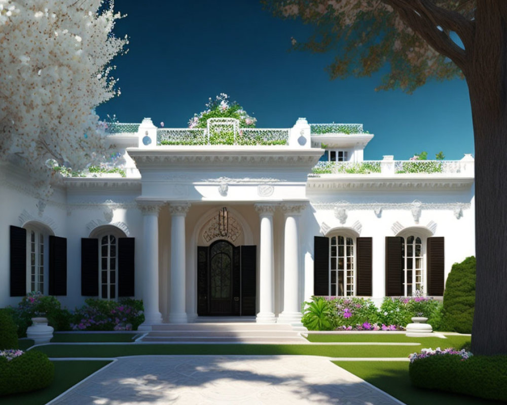 Ornate white villa with lush greenery and blooming trees