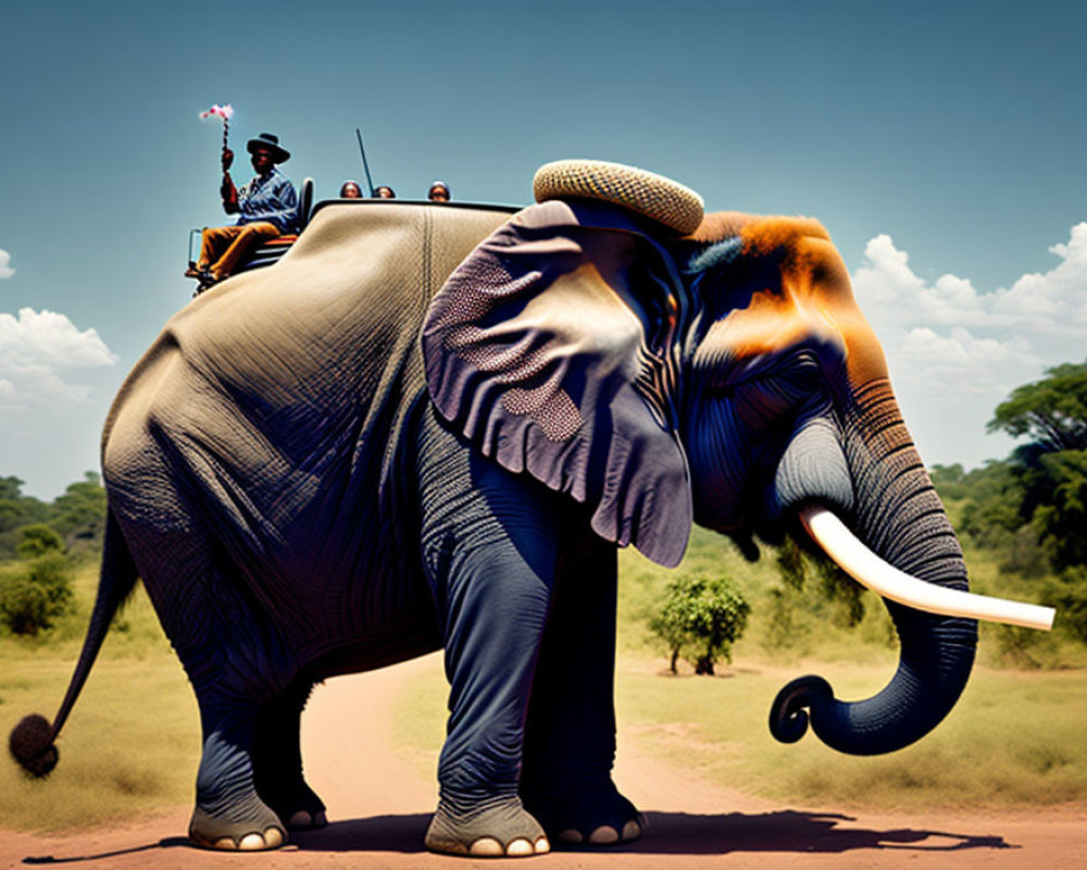 Elephant with Three Riders Walking in Savannah Landscape