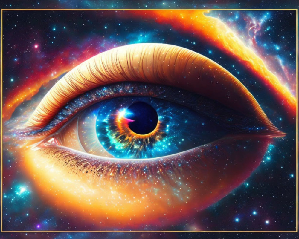 Detailed digital artwork: Human eye reflecting cosmic galaxy in iris