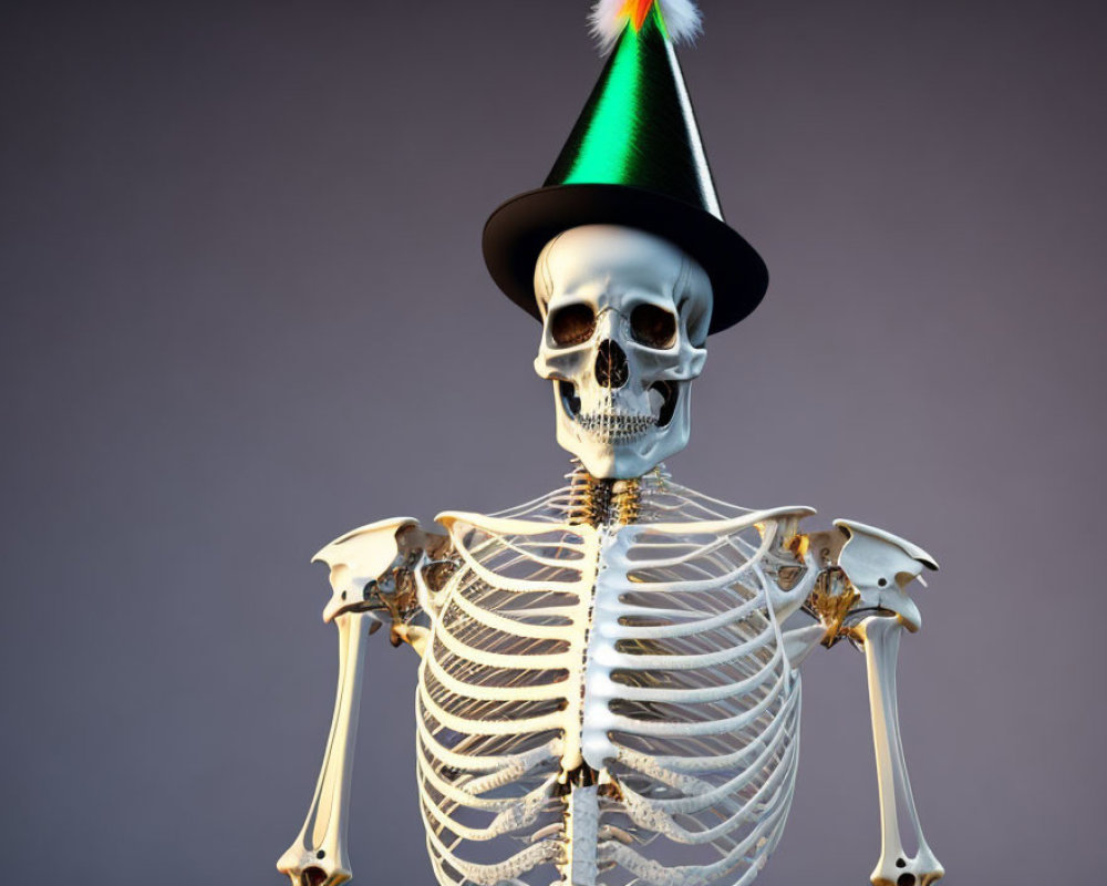 Colorful party hat on human skeleton against neutral background