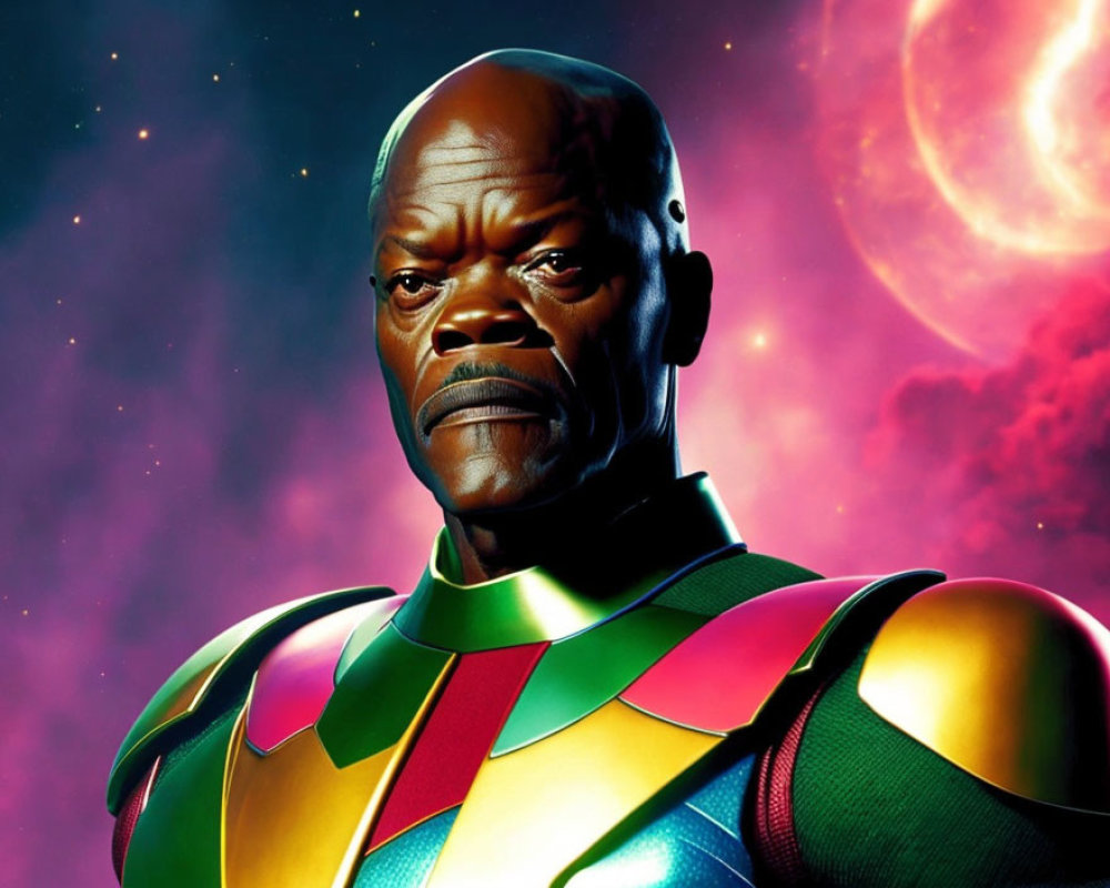 Colorful Superhero Costume Against Cosmic Backdrop with Stars and Glowing Planet