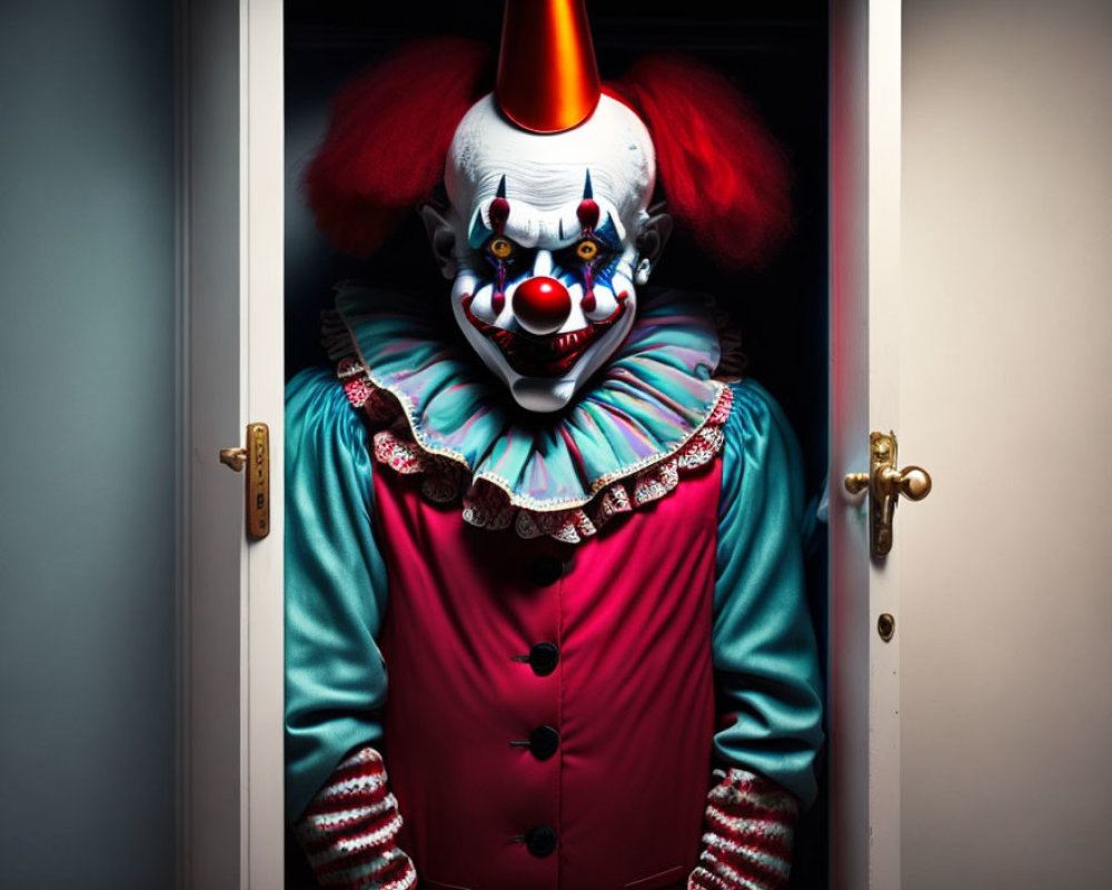 Menacing clown with white face and colorful makeup emerging from dark room