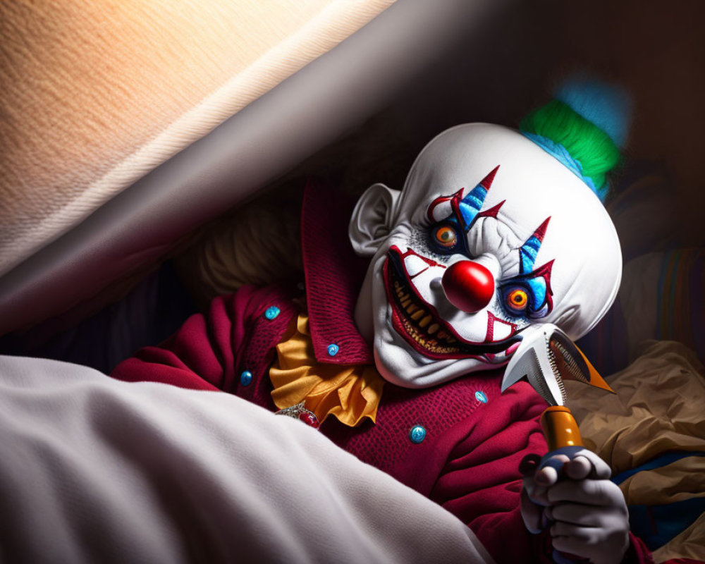 Sinister clown with knife under bed in colorful costume