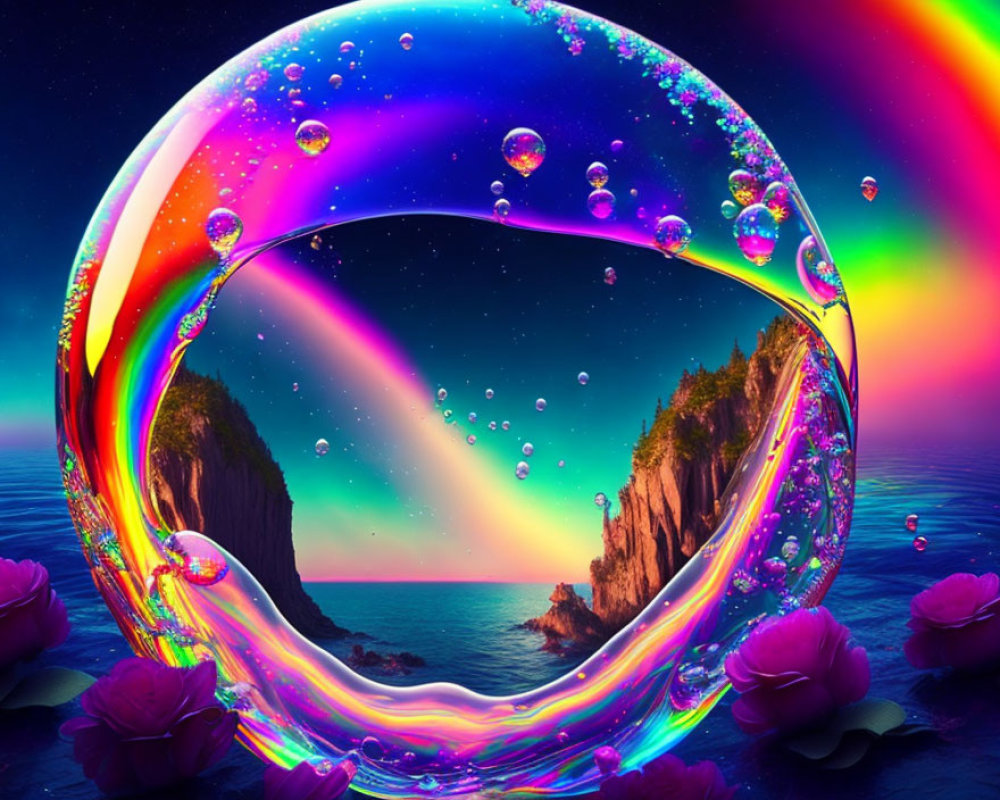 Colorful digital artwork: iridescent bubble, seaside landscape, cliffs, colorful sky, floating bubbles