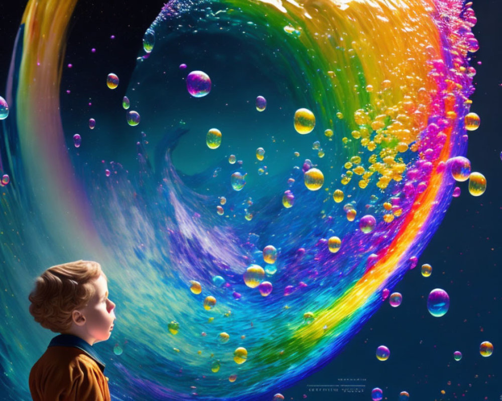 Child mesmerized by cosmic colors and floating bubbles in dreamlike scene
