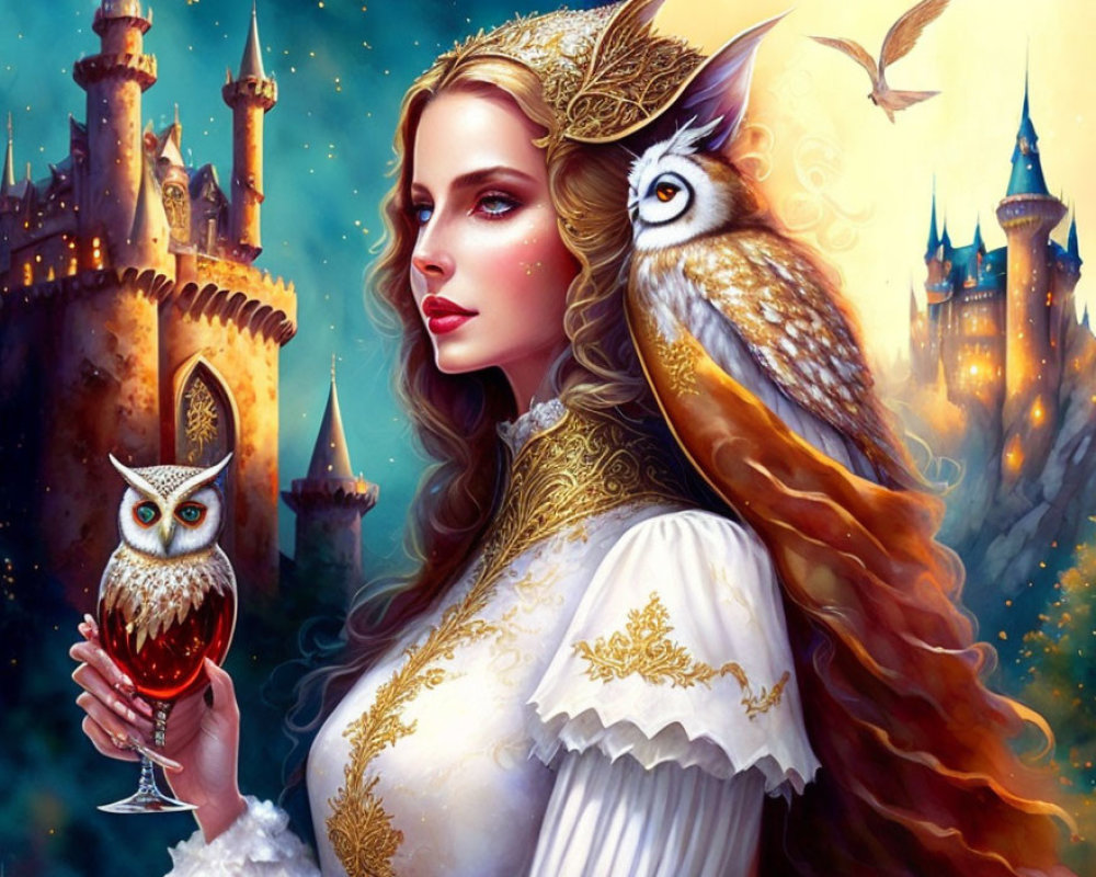 Fantasy portrait of woman with long hair, regal dress, crown, glass, owl, castle