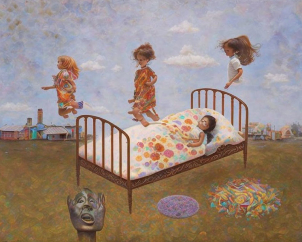 Surreal painting of floating children around bed and sculpture