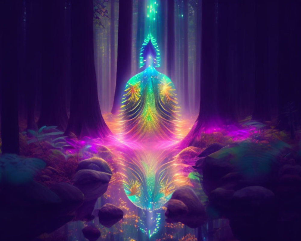 Luminous peacock entity in vibrant mystic forest