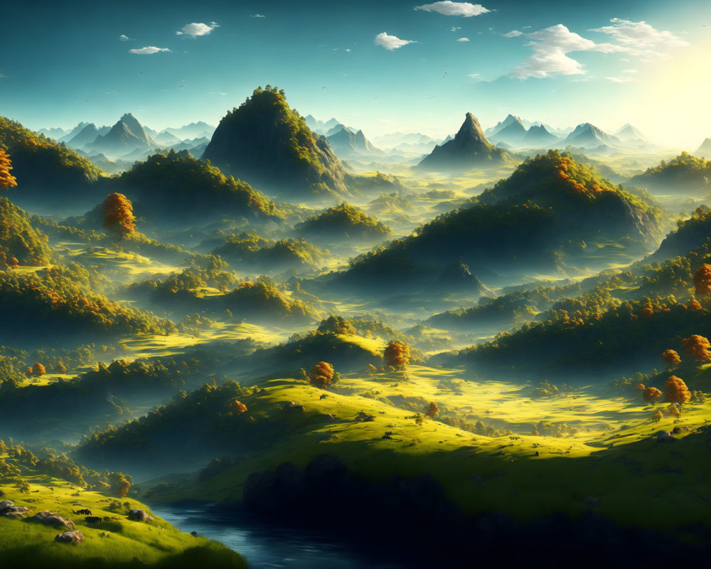 Tranquil landscape with sunlit hills, river, and mountains