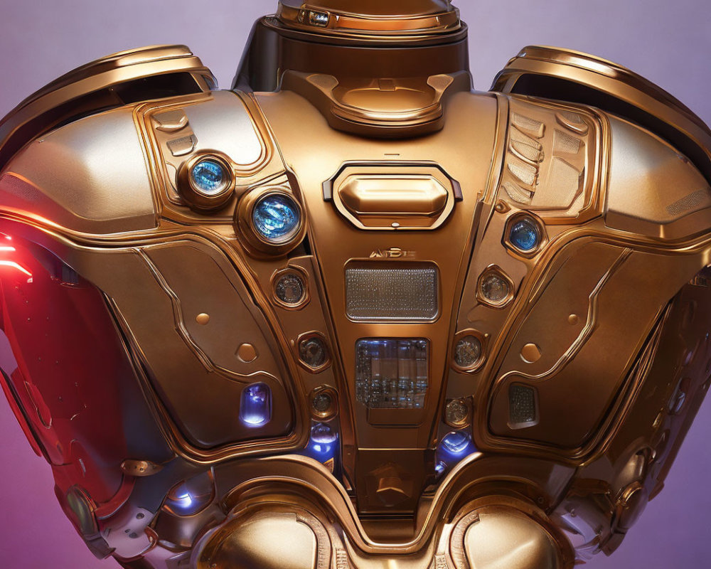 Detailed Golden Robotic Armor Chest Piece with Blue Glowing Elements