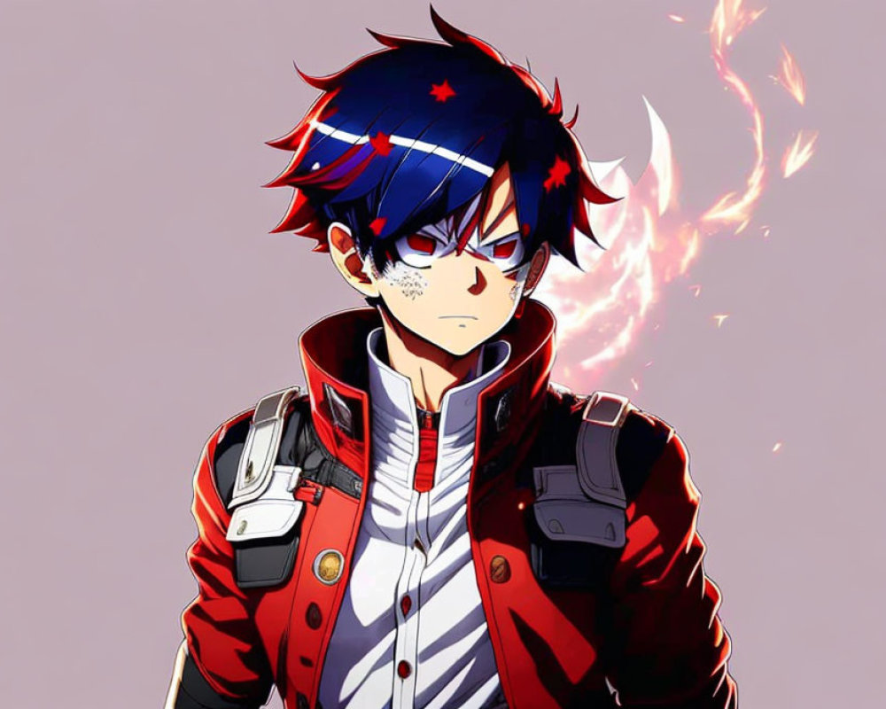 Spiky Blue Hair Anime Character with Red Eye and Fire Hand