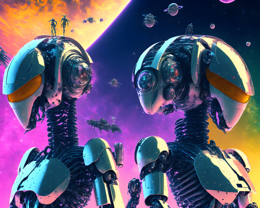 Futuristic robots with intricate designs in cosmic setting