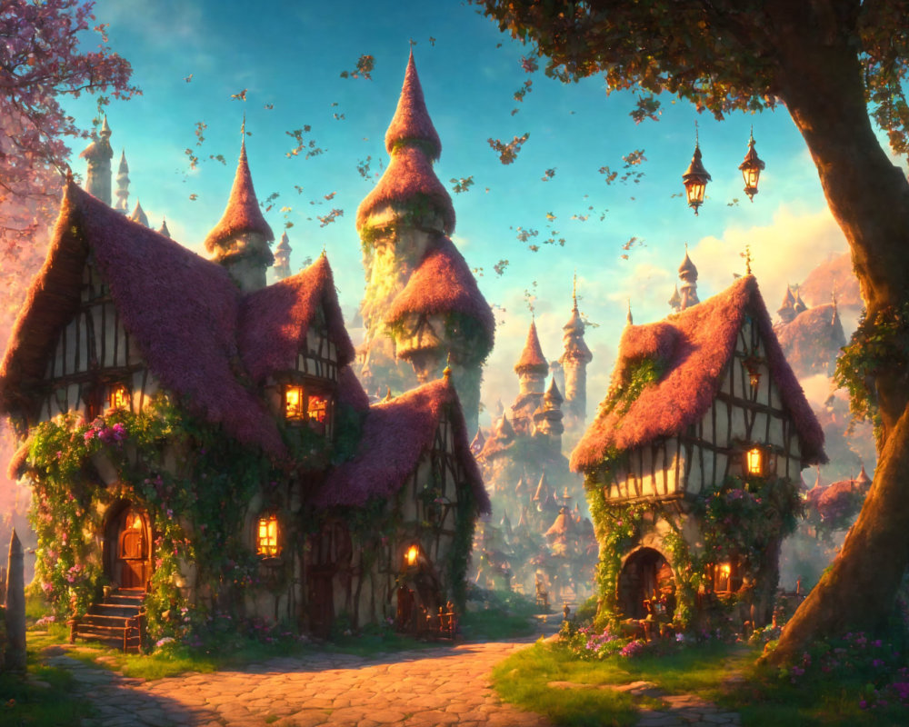 Enchanting fairy tale village in serene forest landscape