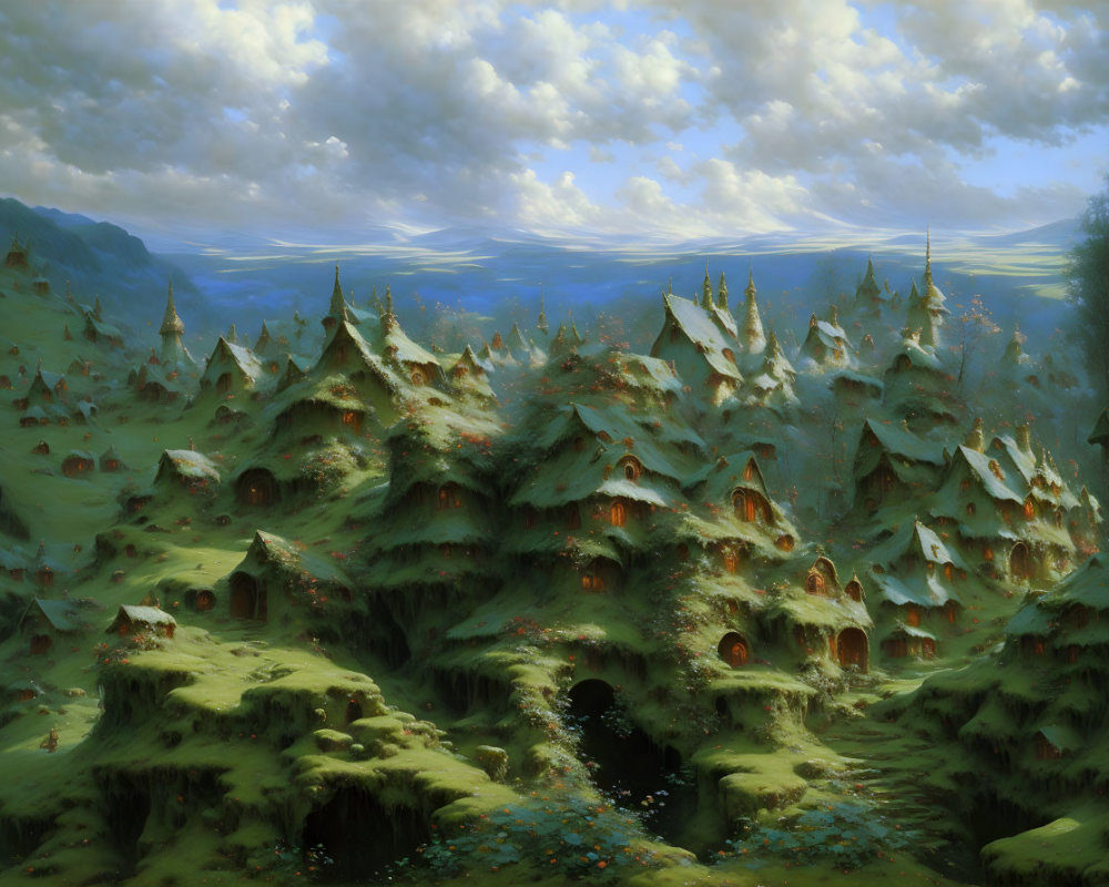 Tranquil landscape with cozy houses nestled in pine hills.