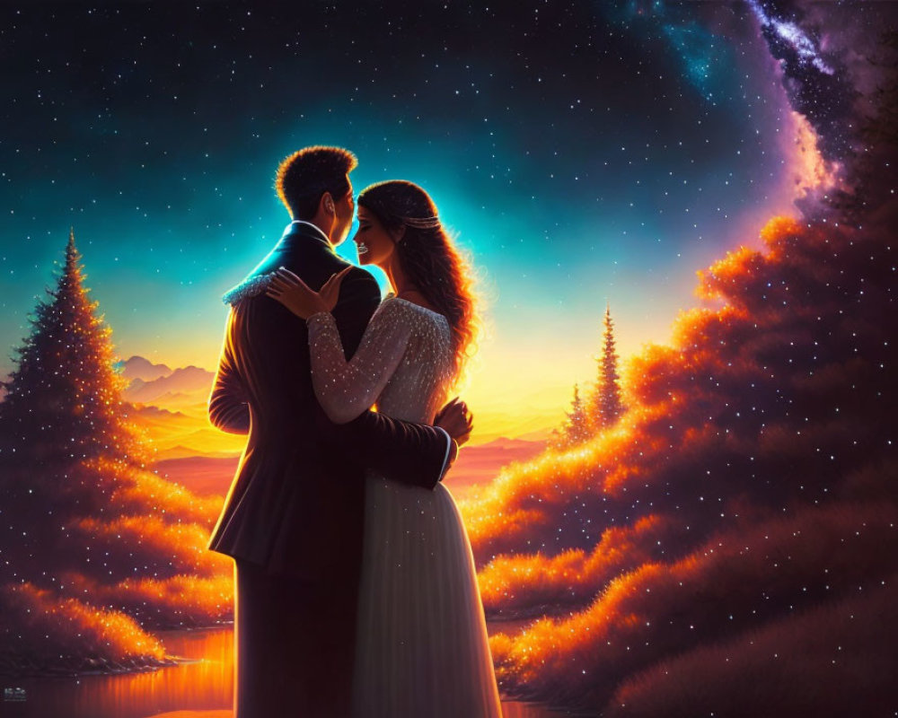 Couple Embracing Under Starry Sky with Galaxy, Sunset, and Pine Trees