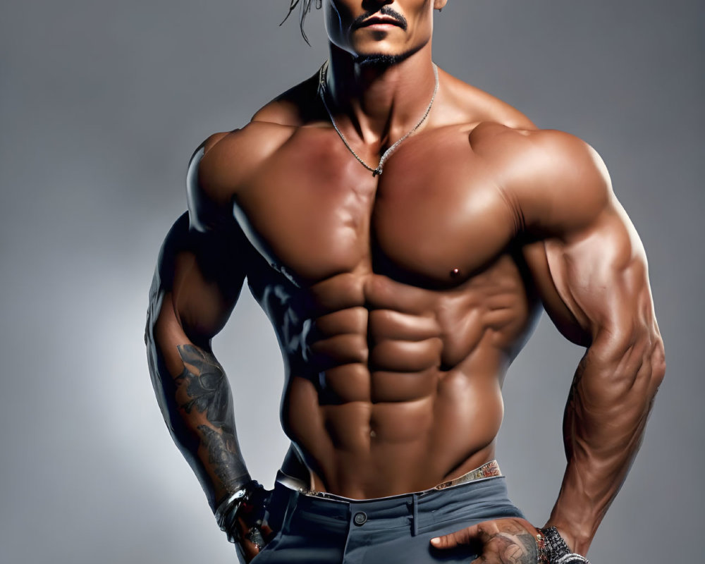 Shirtless muscular man with long hair and tattoos on grey background