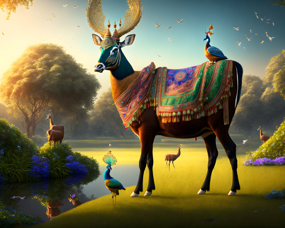 Majestic stag with peacock features and adorned antlers in vibrant forest scene