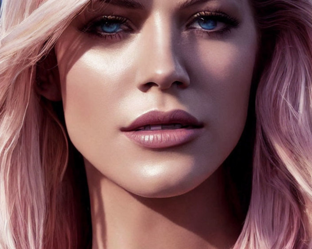 Close-up portrait of woman with pink hair and blue eyes under natural light