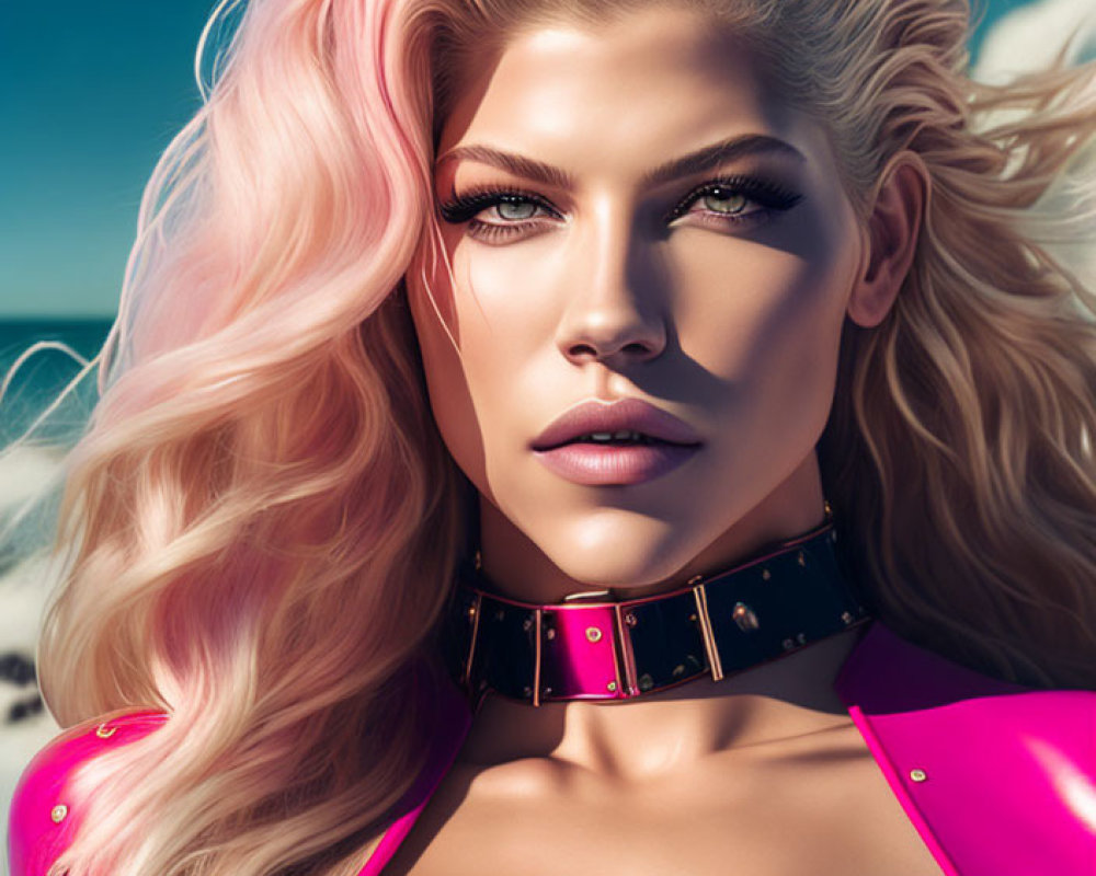 Digital artwork: Woman with pink hair and green eyes in pink bodysuit against blue sky