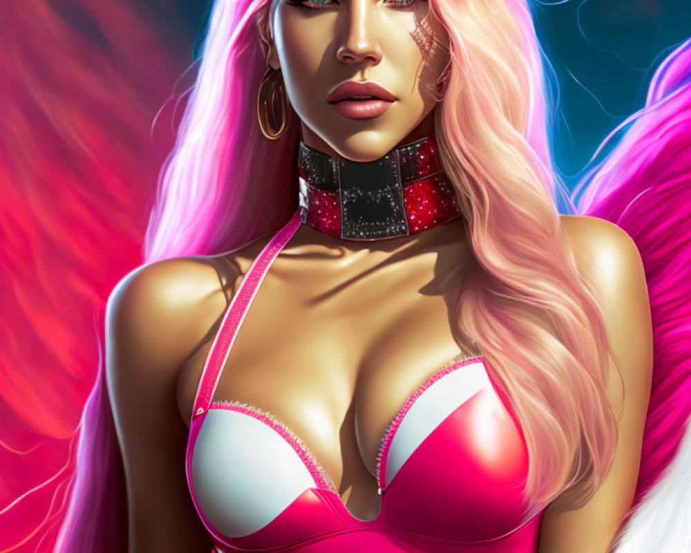 Digital art portrait: woman with pink hair, blue eyes, red bikini top, choker; neon