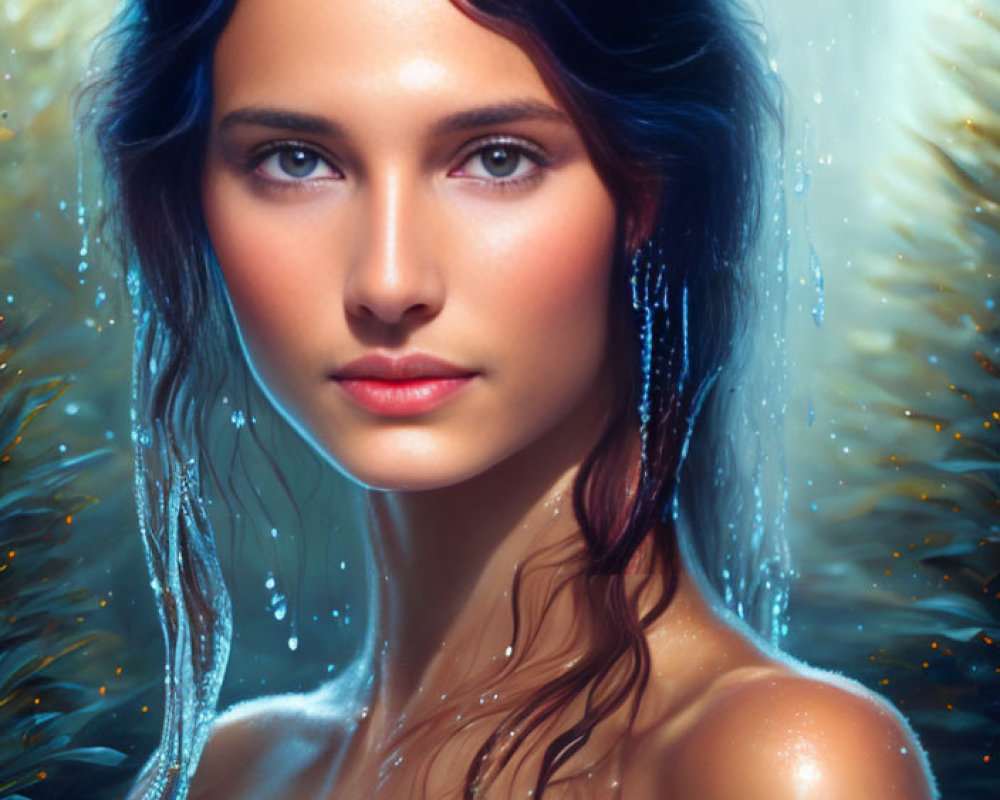 Woman portrait with wet hair and water droplets, warm light, bokeh effect