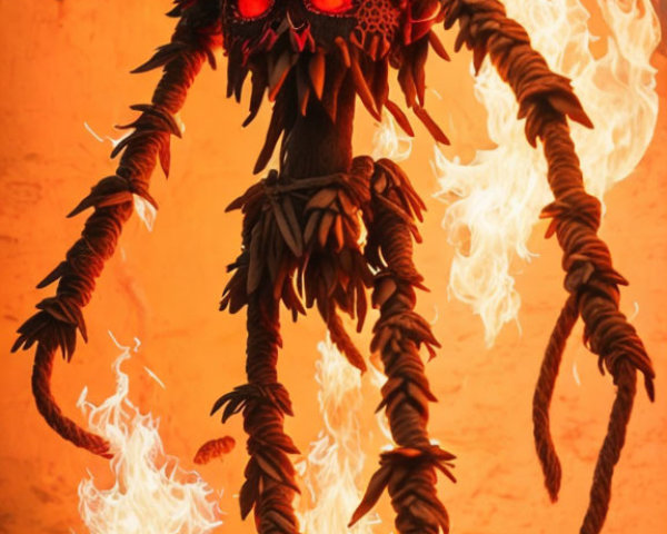 Fantasy creature with red eyes, long horns, and tentacle-like limbs in fiery backdrop